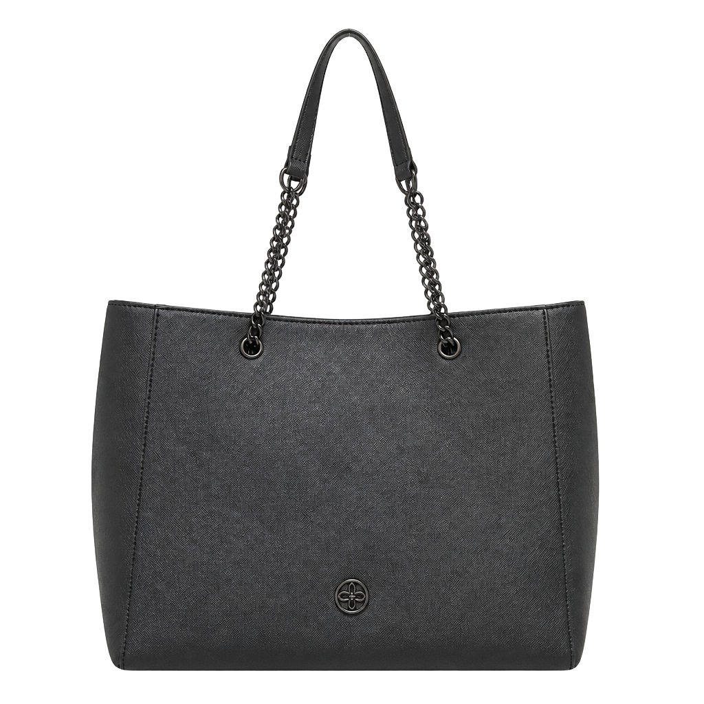 Crossi Black Saffiano Faux Leather Chain Strap Tote Bag 1