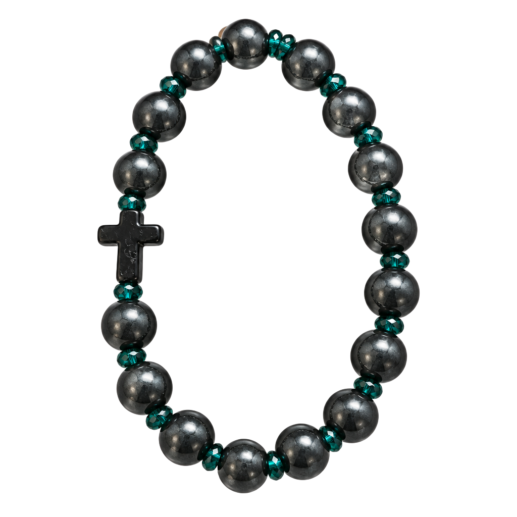 Gunmetal Black Pearl Teal Glass Cross Stretch Bracelet 1