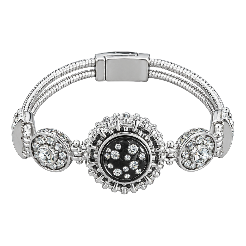 Silver Tone Crystal Snap Charm Bracelet with Snake Chain and Toggle Clasp 1