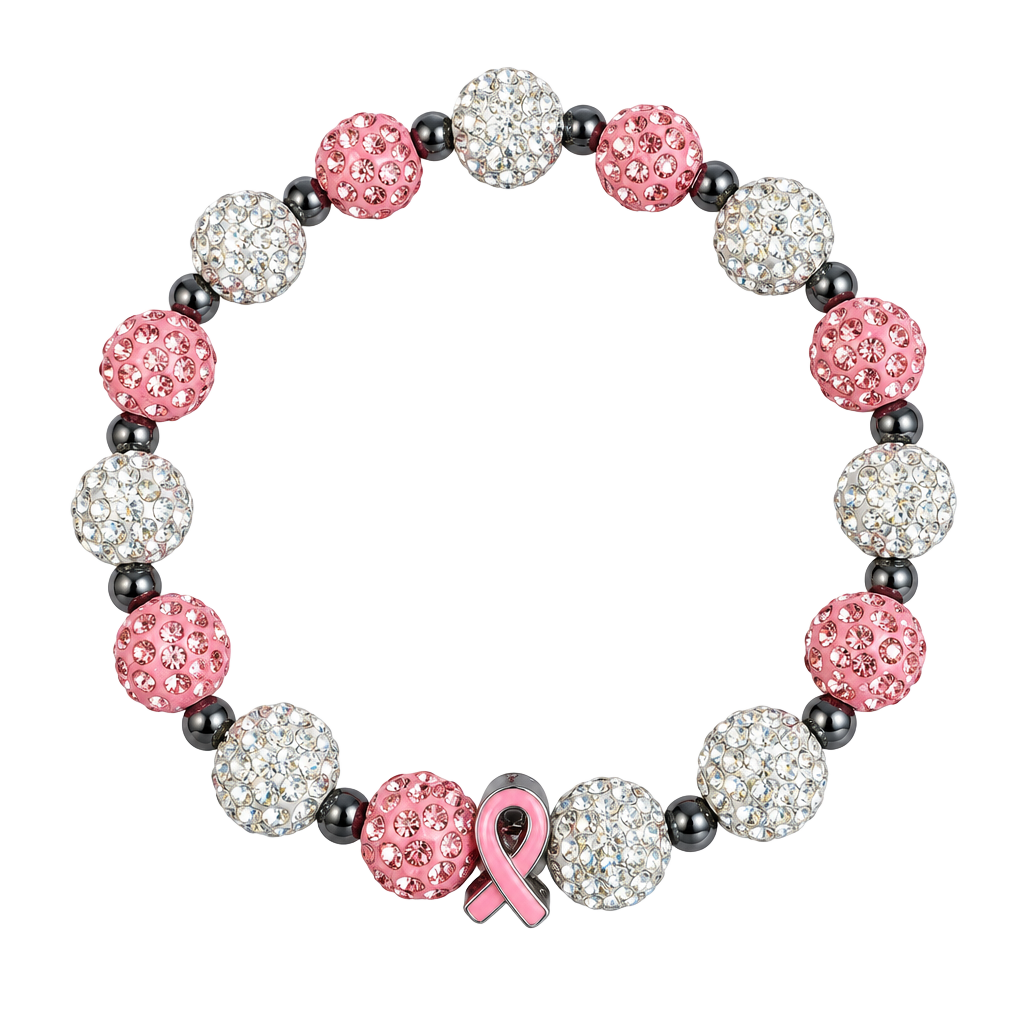 Breast Cancer Awareness Rhinestone Crystal Bead Bracelet 1