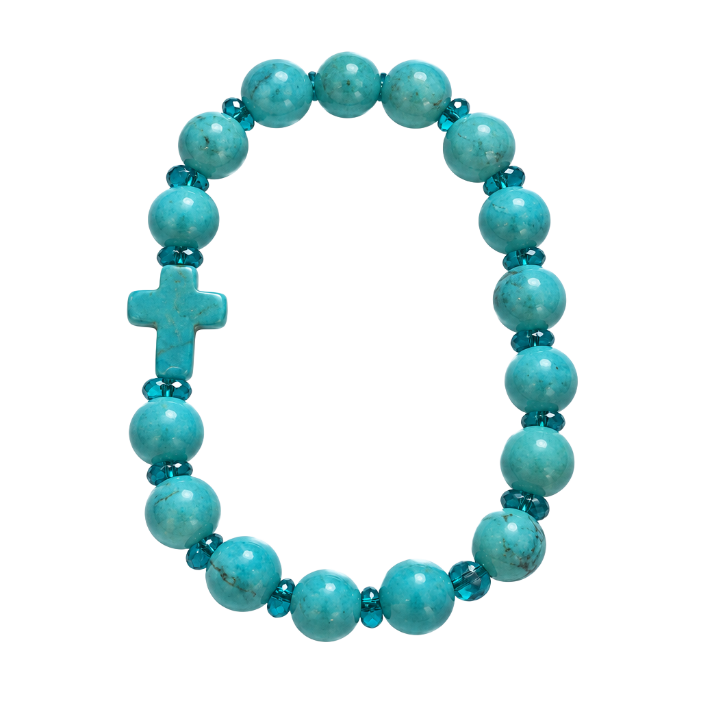 Beaded Cross Bracelet Turquoise Blue Stretch 1