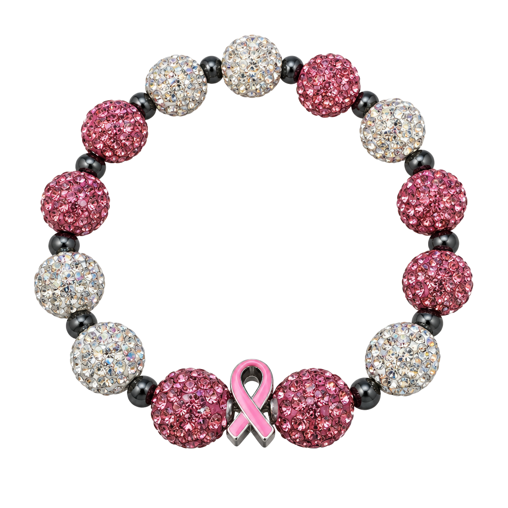 Breast Cancer Awareness Rhinestone Pave Bead Bracelet Pink Ribbon 1