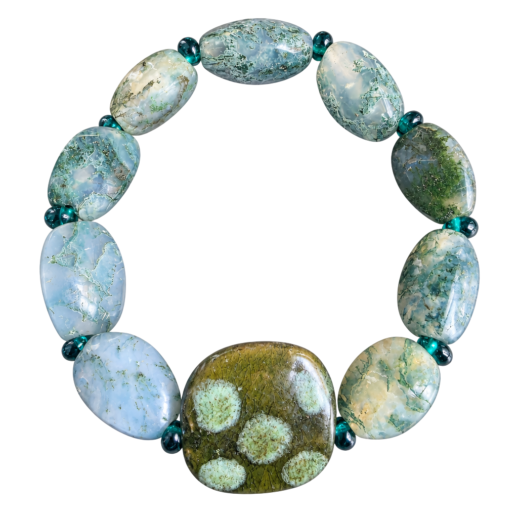 Moss Agate And Ceramic Bead Stretch Bracelet 1