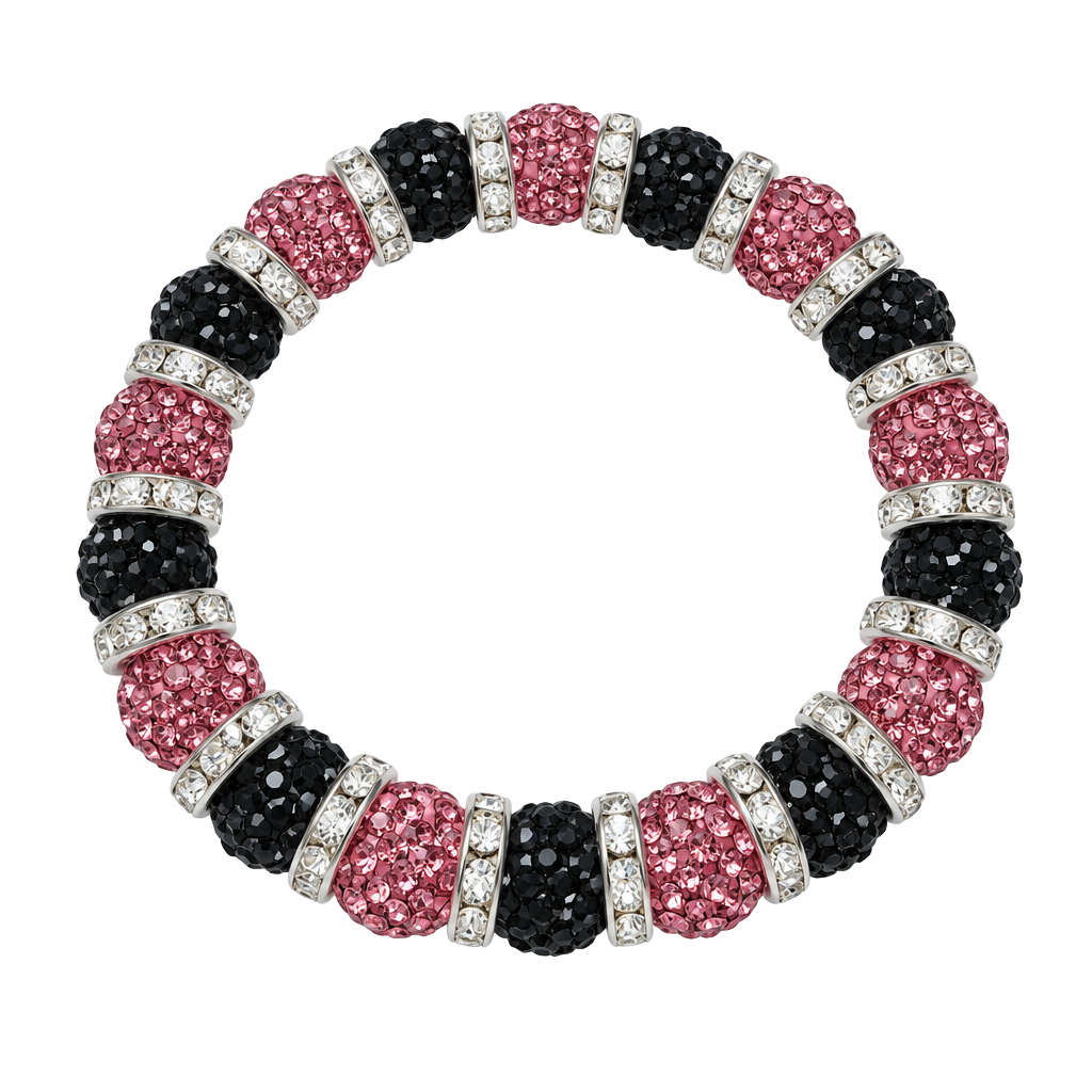 Pink And Black Crystal Rhinestone Shamballa Bead Stretch Bracelet 1