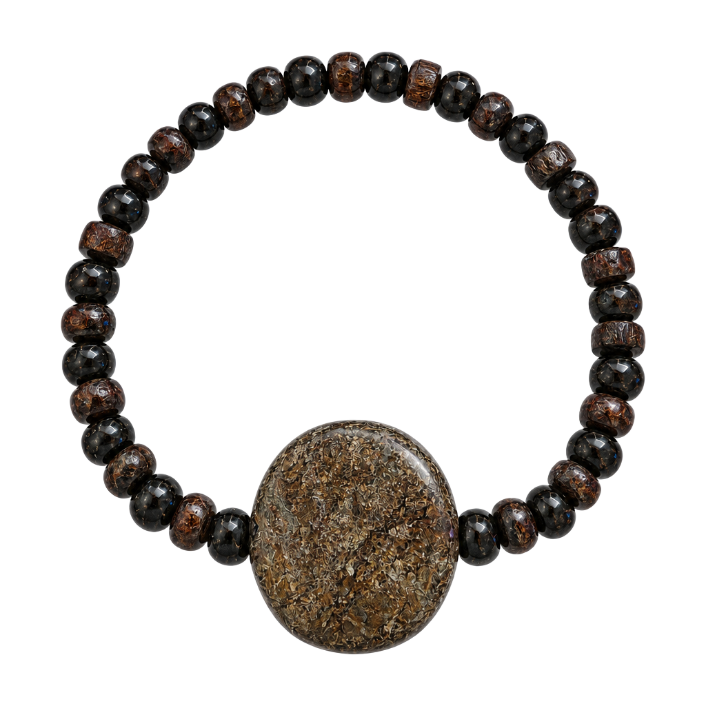 Wood Bead Bracelet With Center Stone Brown Beaded 1