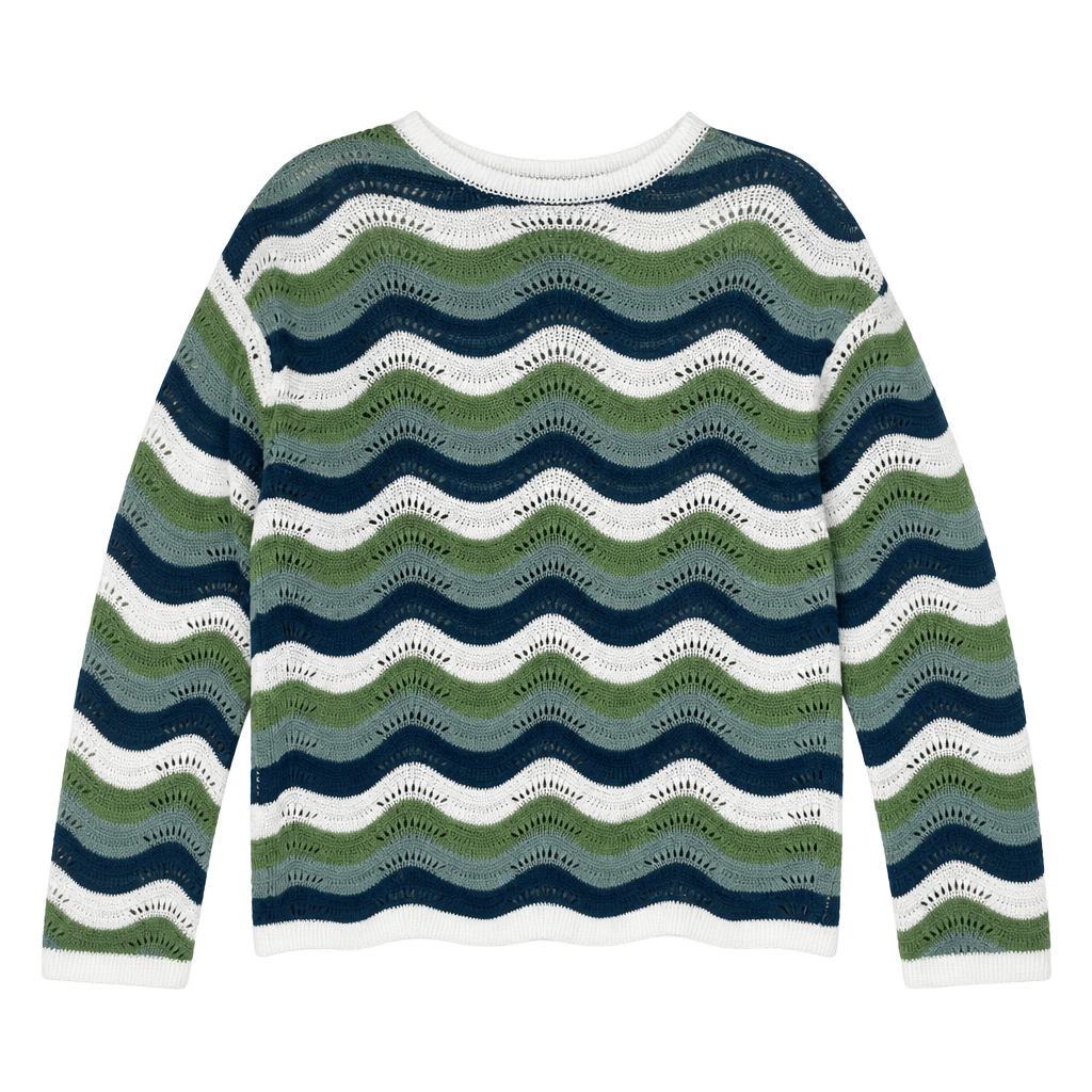 SHEIN LUNE Green and Blue Wavy Stripe Crochet Knit Sweater 1