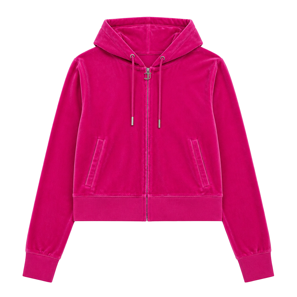 Barbiecore Juicy Couture Bling Logo Hot Pink Velour Cropped Zip-Up Hoodie Large 1