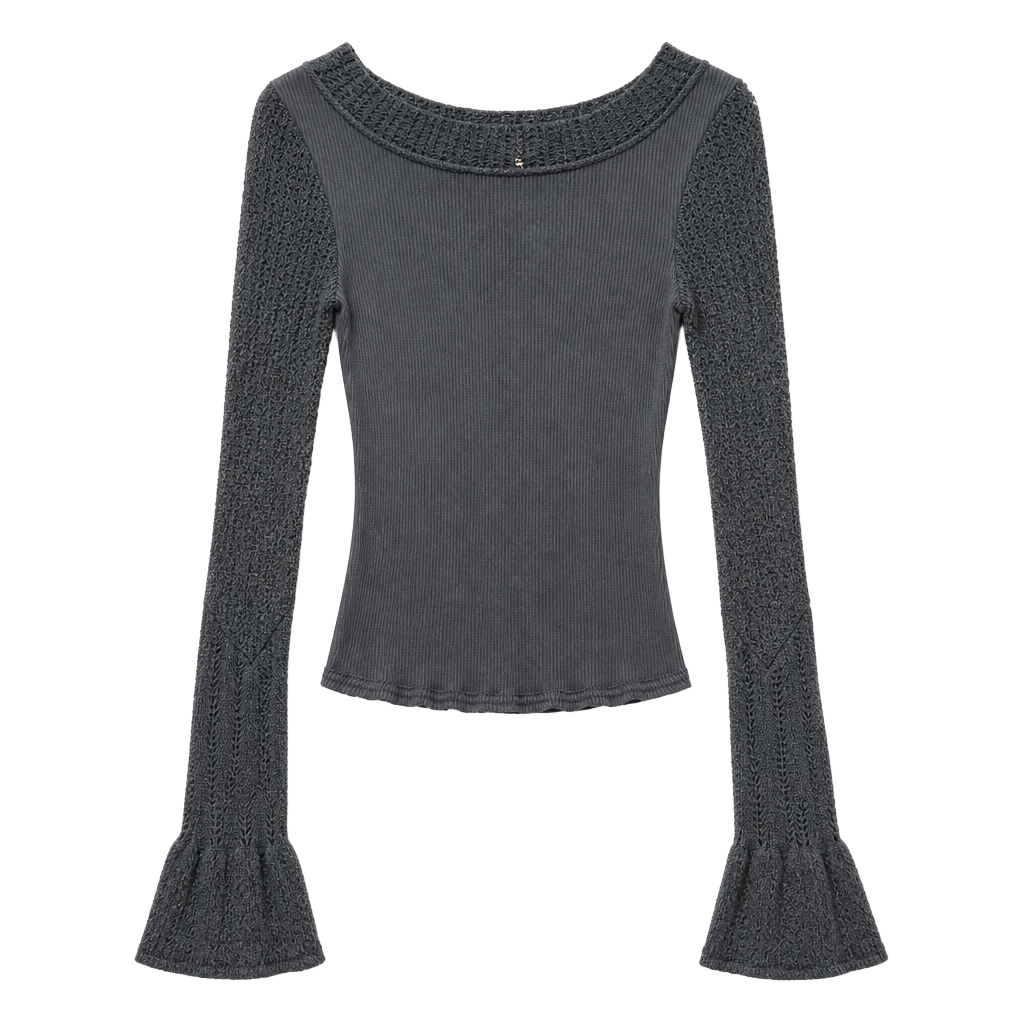 Boho Grunge Free People Sand Castle Ribbed Mixed Knit Bell Sleeve Top 1