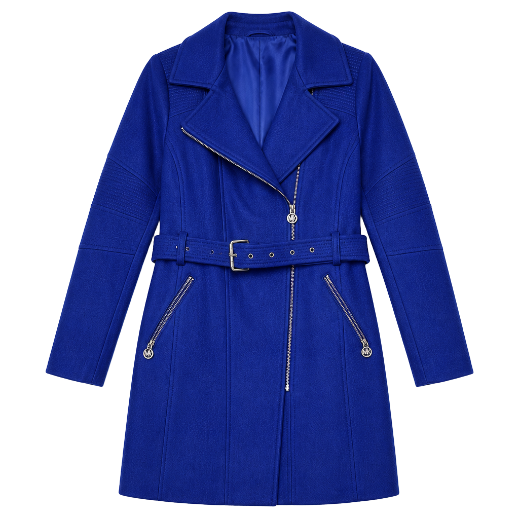 Michael Kors Royal Blue Wool Blend Asymmetrical Zip Belted Moto Coat 1