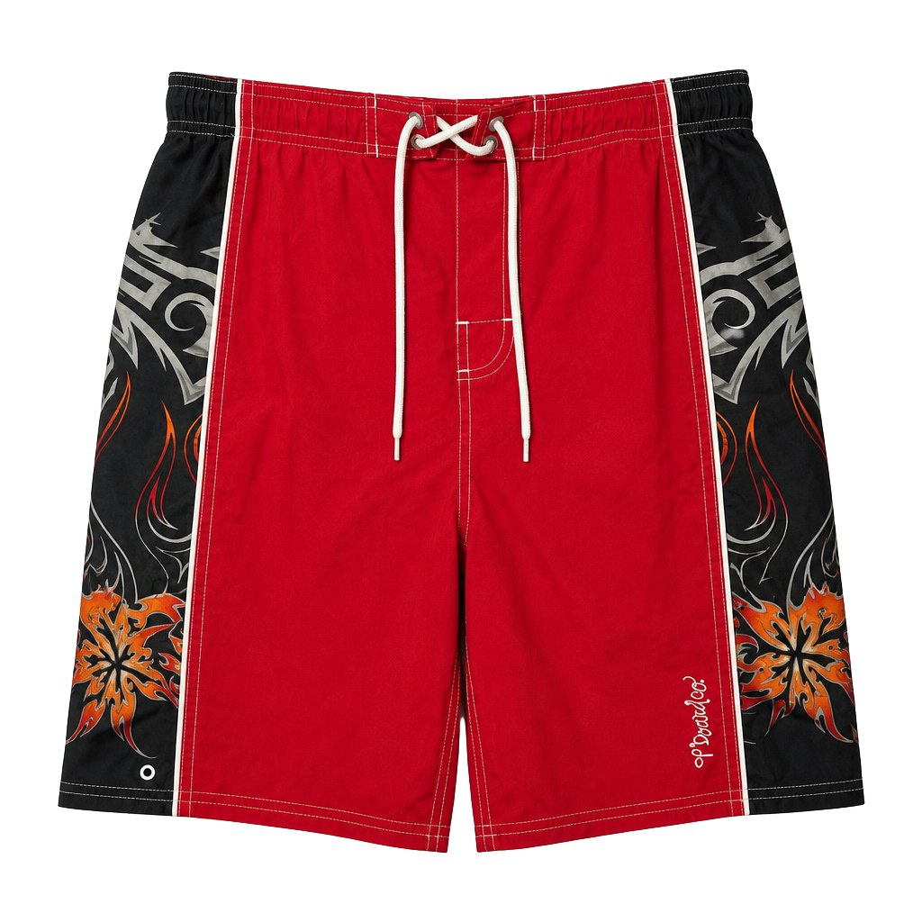 Ocean Pacific OP Red Board Shorts with Tribal Flame Side Panels 1