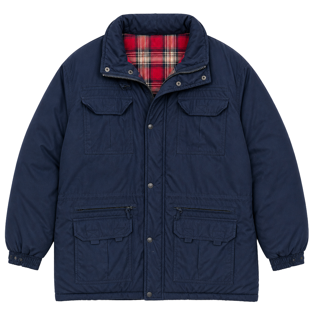 Vintage X Dimension by Ten West Navy Blue waterproof Down Jacket Plaid Lining 1
