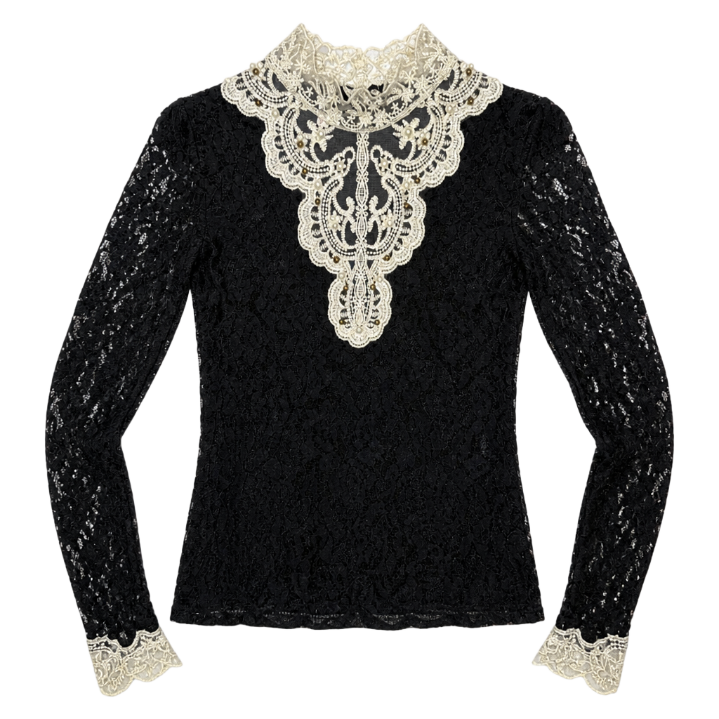 Vintage Black Lace Long Sleeve Mock Neck Top with Cream Embroidered Collar 1