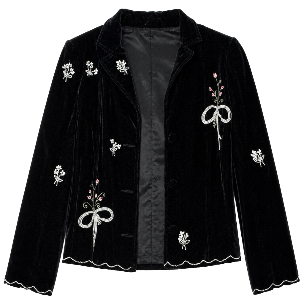 Anthropologie Odille Vintage Black Velvet Beaded Floral Bow Blazer Jacket 1