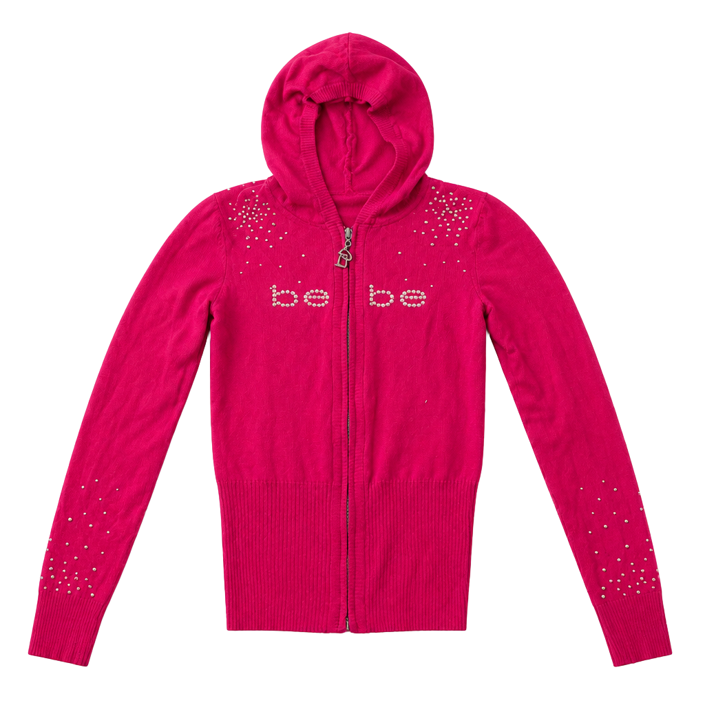 Bebe Y2K Hot Pink Rhinestone Logo Full-Zip Hoodie Sweater 1