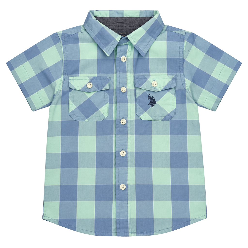 U.S. Polo Assn. Short Sleeve Plaid Button Up Shirt Blue Green 1