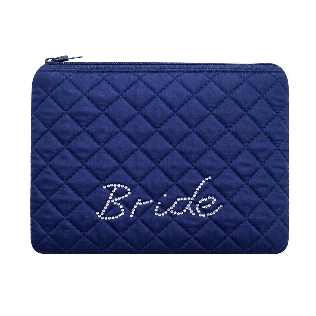 Black Quilted Satin Bride Cosmetic Makeup Bag with Rhinestone Accents 1