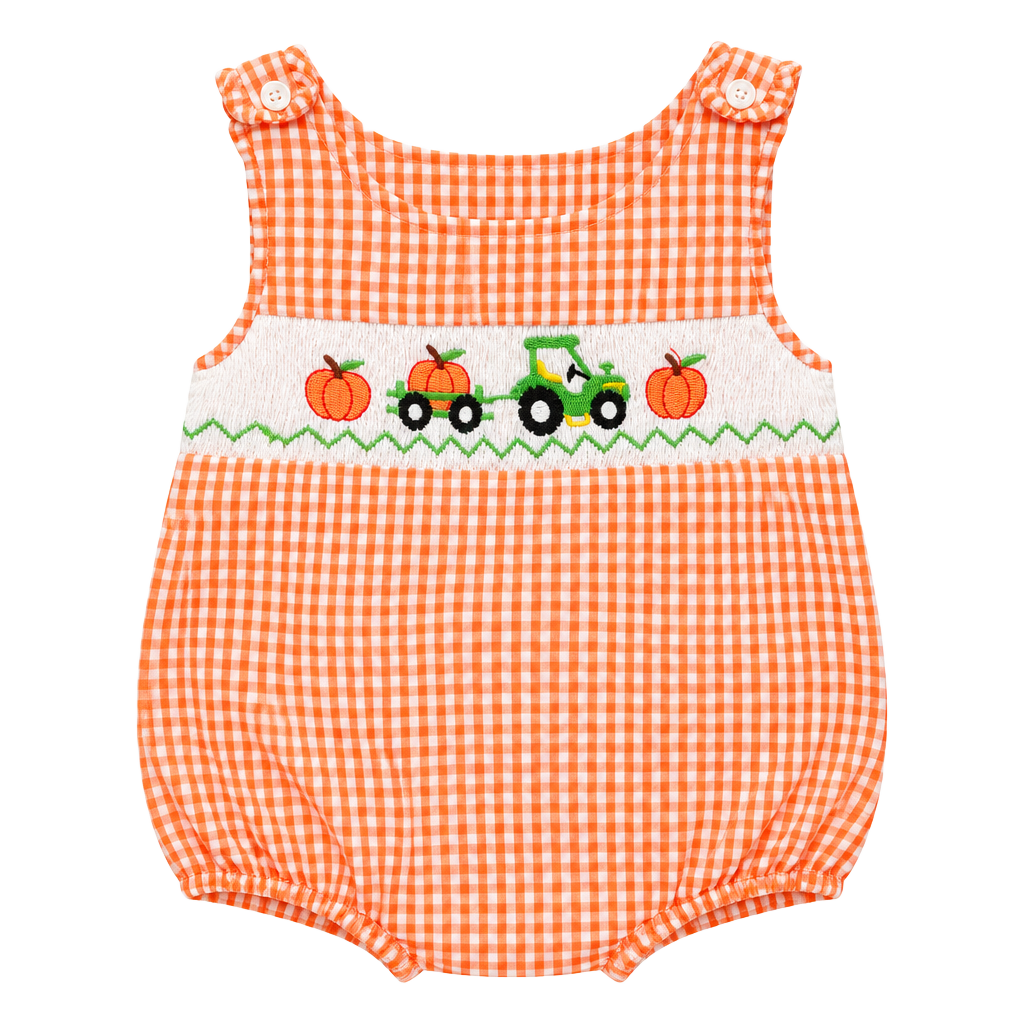 Pumpkin Smocked Boutique Romper Orange Gingham 1