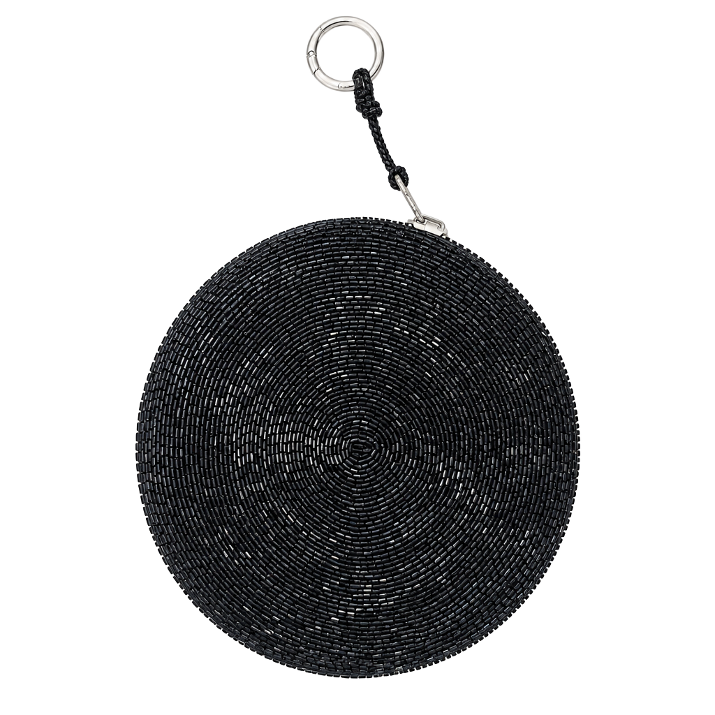 Vintage Black Beaded Round Coin Purse Zipper Pouch 1