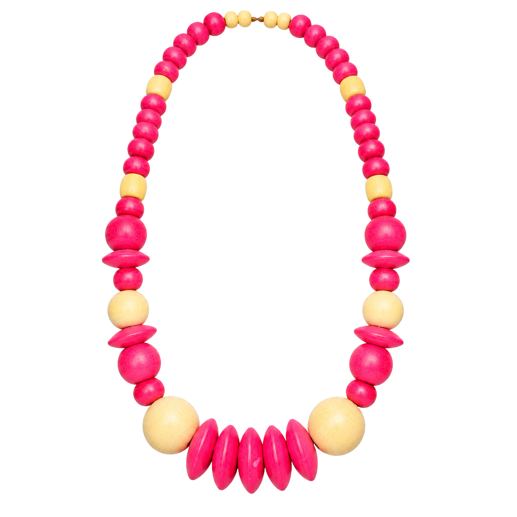 Vintage Chunky Wooden Bead Necklace Pink And Natural Barrel Clasp 1