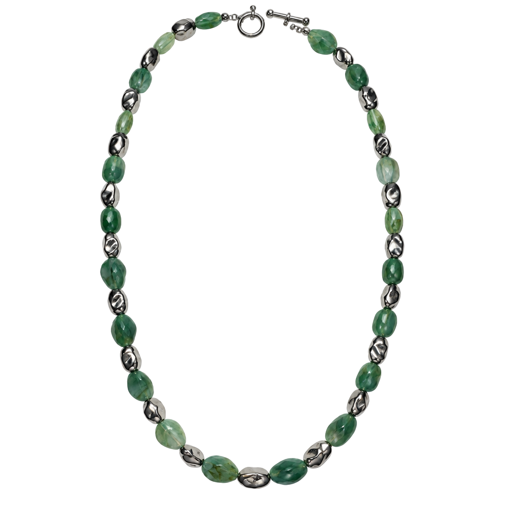 Vintage Green Stone And Silver Metal Beaded Toggle Necklace 1