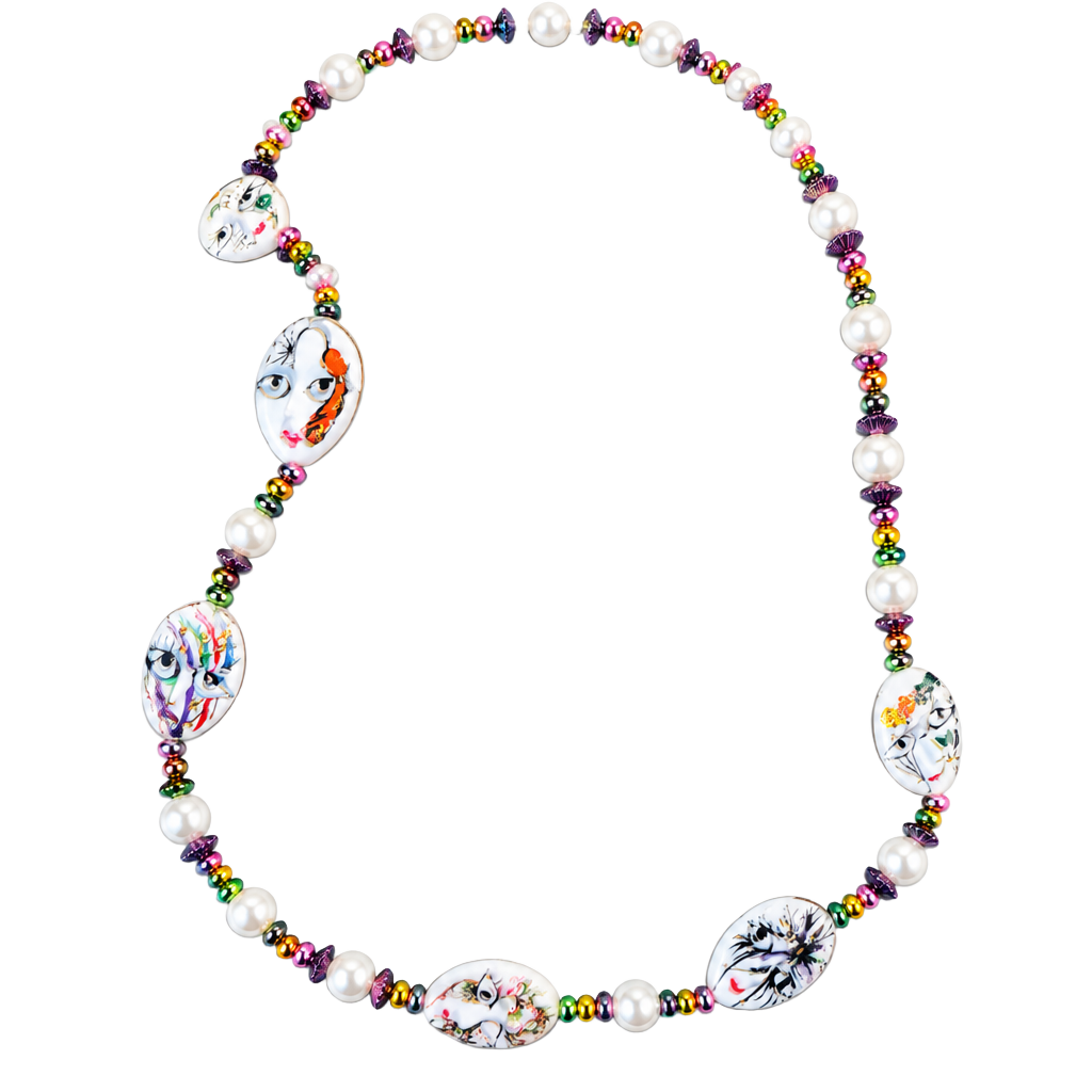 Vintage Hand Painted Mardi Gras Mask Face Bead Necklace 1