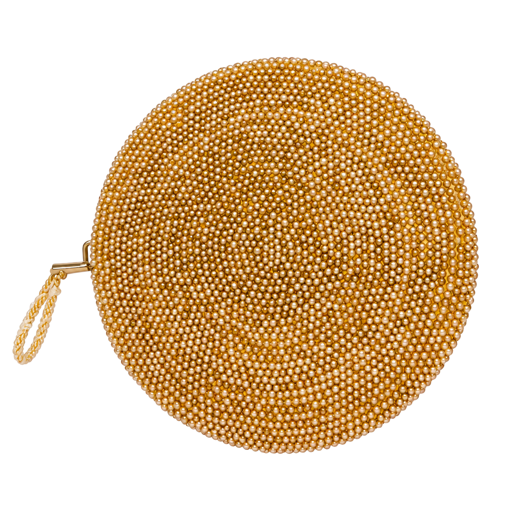 Vintage Beaded Round Coin Purse Gold Pearl Clutching Ring Zipper 1