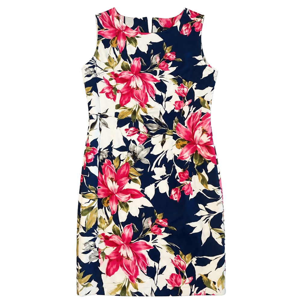 connected apparel Navy Floral Sheath Dress with Pink and White Blooms 1