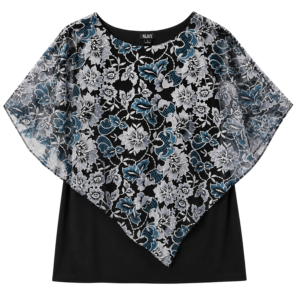 SLNY Black Dress with Blue and White Floral Overlay 1