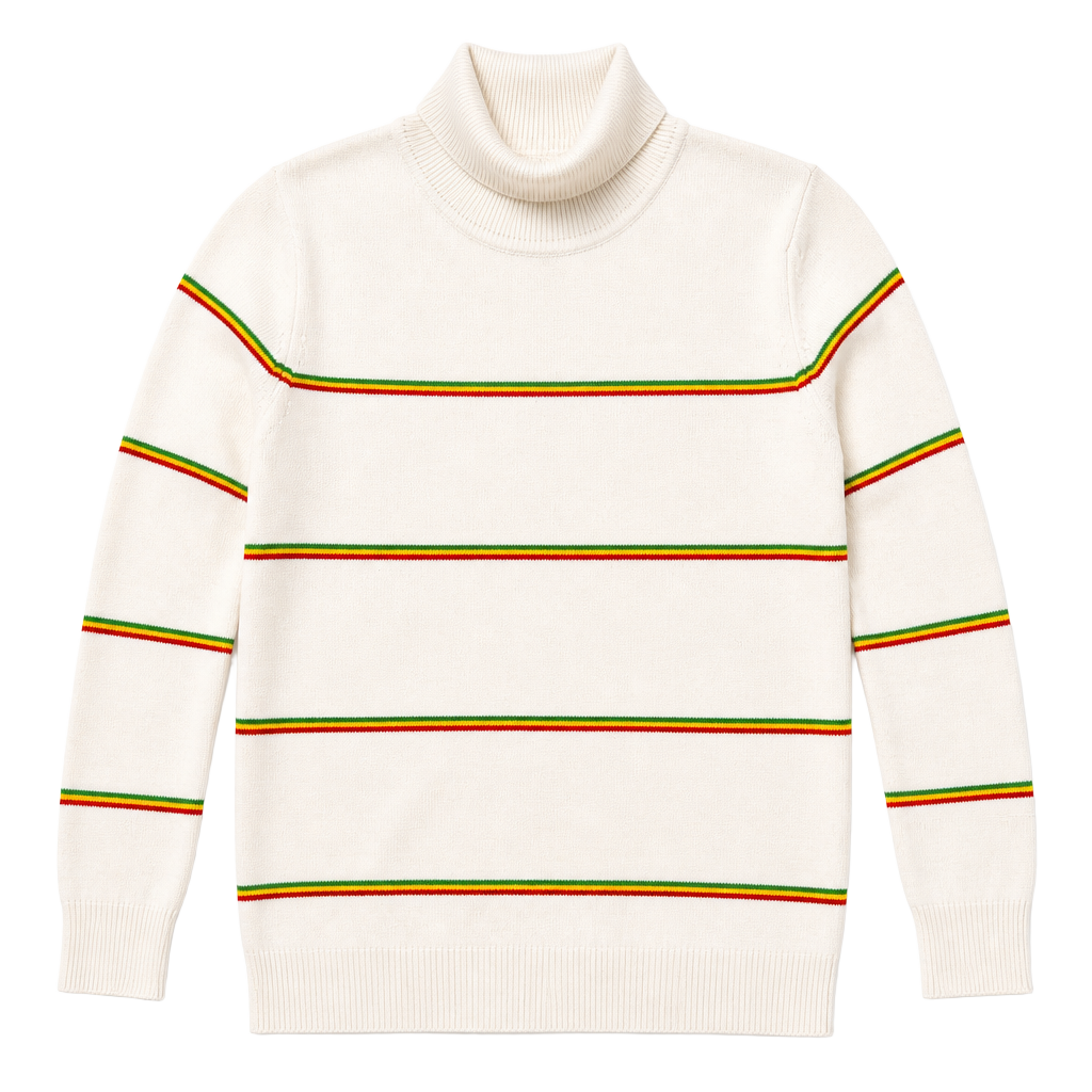 Madeleine Thompson White Turtleneck Sweater with Red, Yellow, and Green Stripes 1