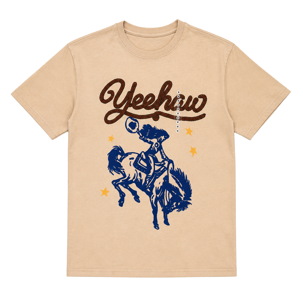 Goodie Two style Sleeves Tan Yeehaw Cowgirl Graphic T-Shirt 1