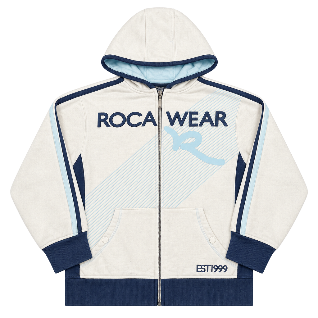 Roca Wear Full Zip Hoodie Size L (14-16) White Blue Graphic Jacket 1