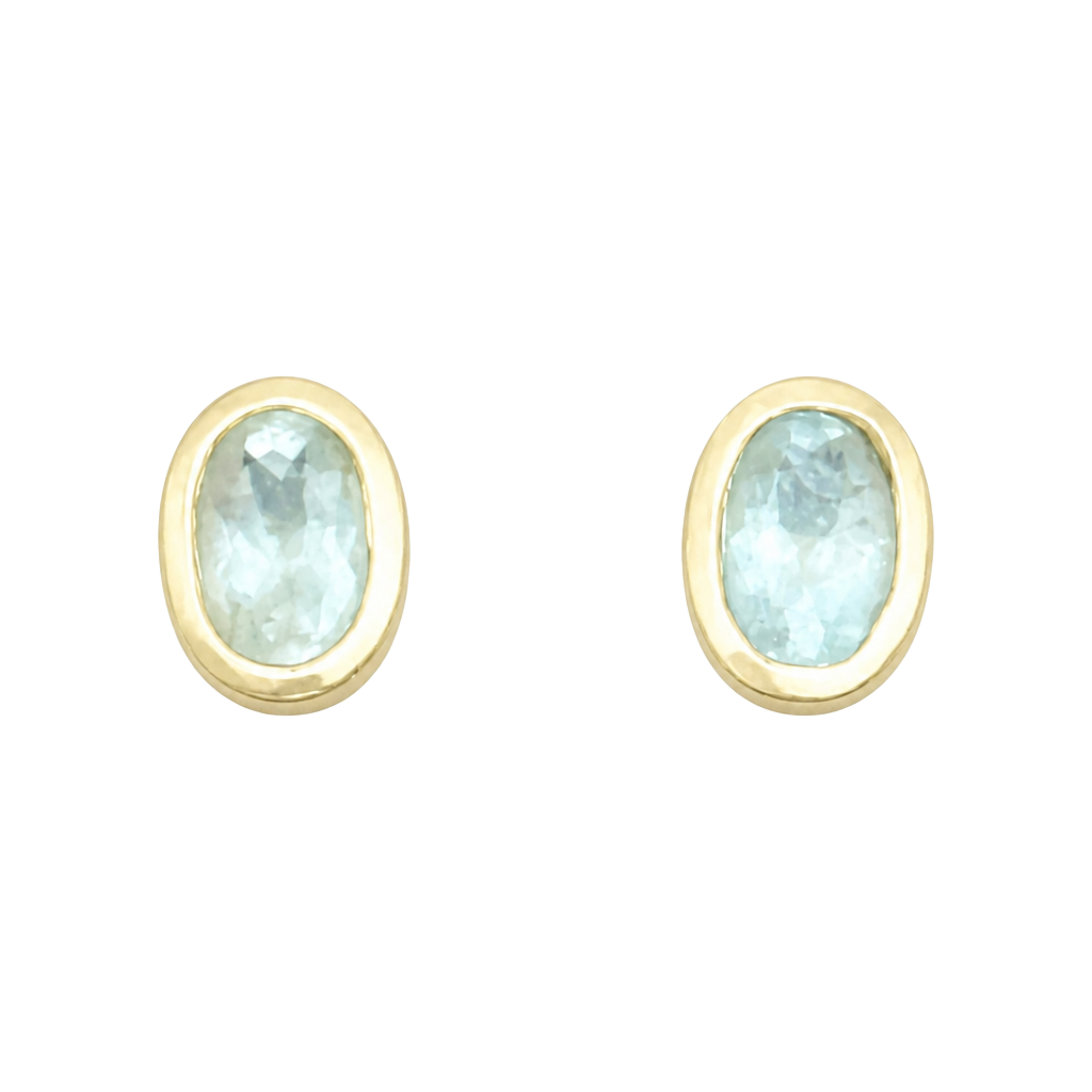 14k Solid Gold Aquamarine Bezel Set March Birthstone Stud Earrings 1