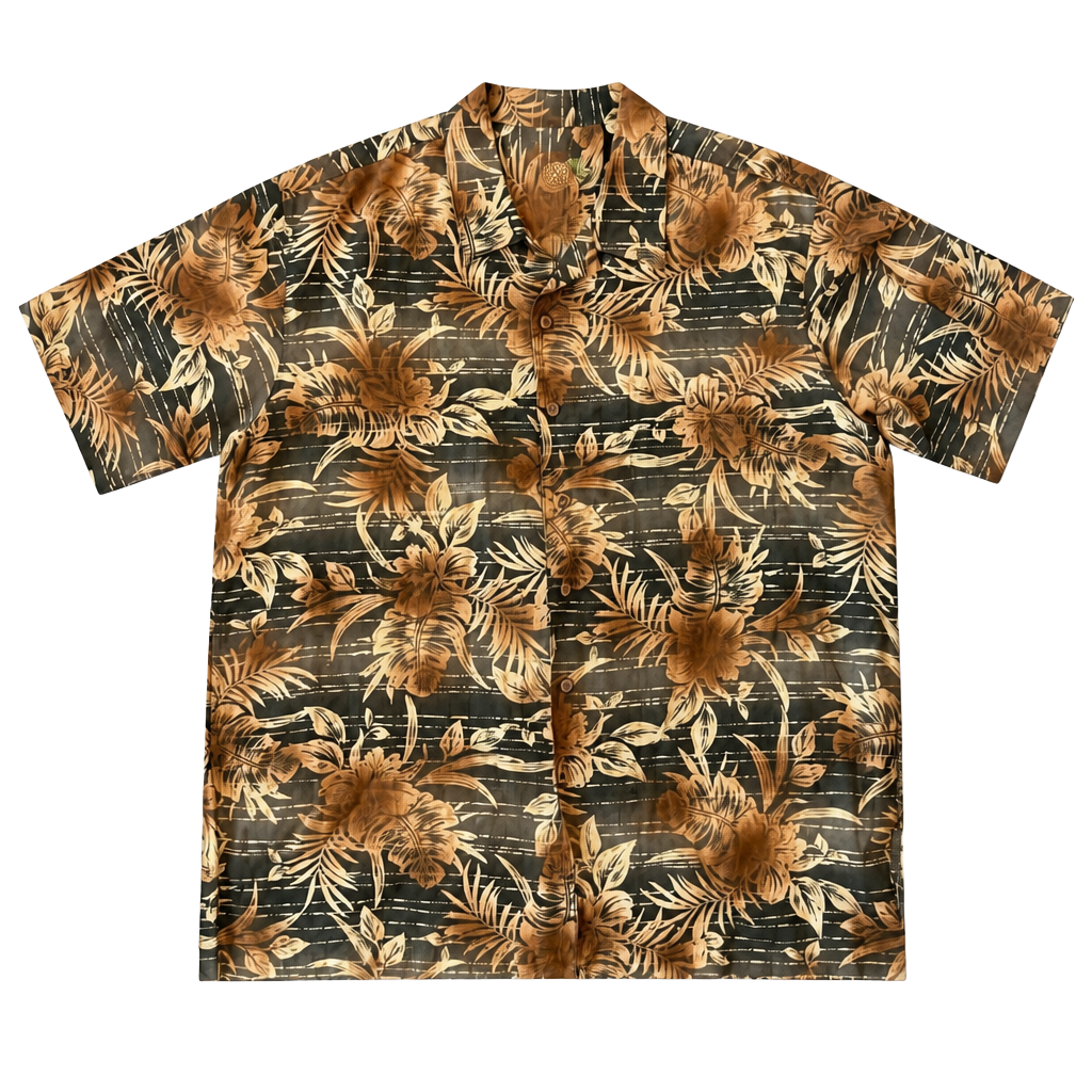 Caribbean Men's XL Linen Rayon Blend Brown Tropical Floral Hawaiian Shirt 1