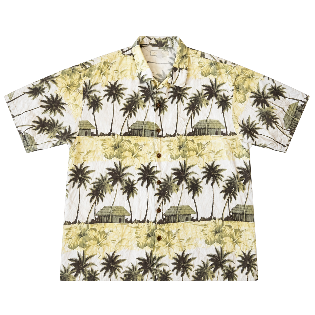 Tommy Bahama Men's XL Vintage 100% Silk Tropical Hut Palm Tree Hawaiian Shirt 1