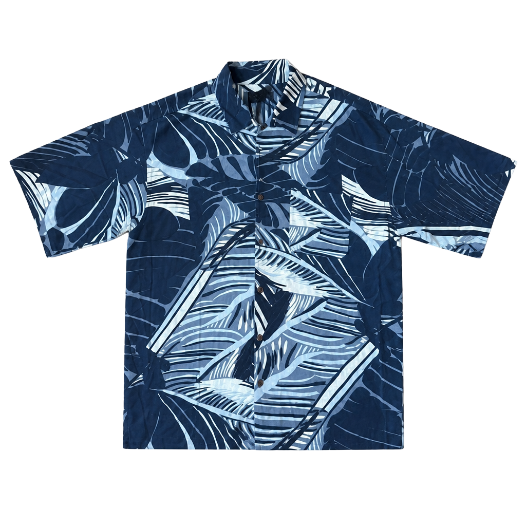 Brandini Pure Silk Navy Blue Tropical Leaf Print Short Sleeve Hawaiian Shirt XL 1