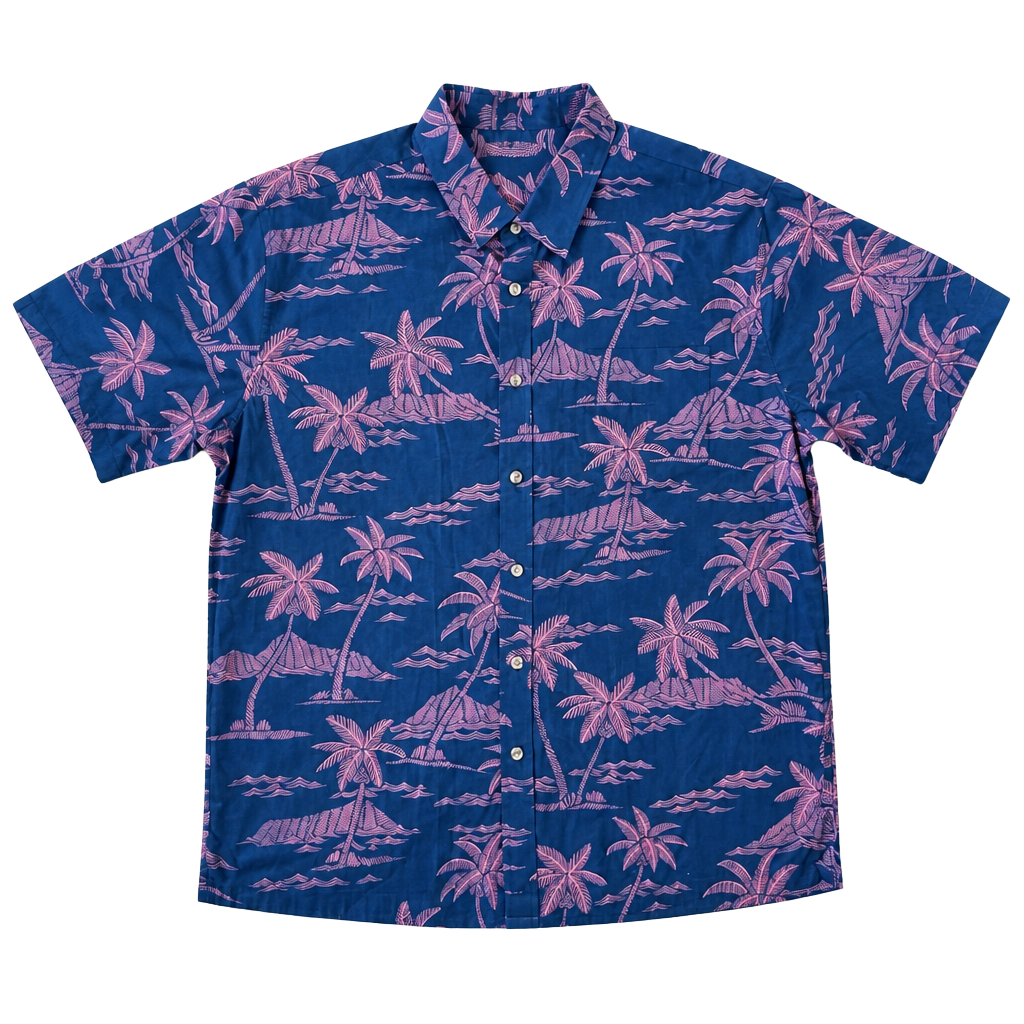Vintage Cooke Street Hawaiian Islands Men's XL Navy Pink Palm Tree Cotton Aloha Shirt 1