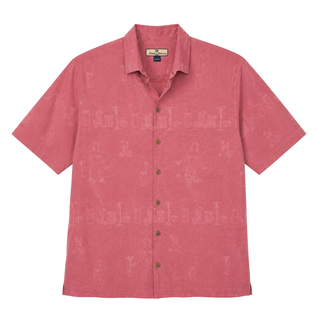 Tommy Bahama 100% Silk Short Sleeve Button Up Shirt Pink Hula Girl Print Size Large 1