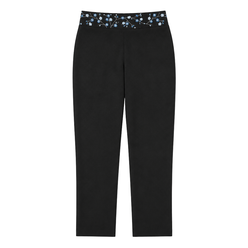 Express World Brand Stretch Pants Size 3/4 Black Floral Embroidered Waist 1