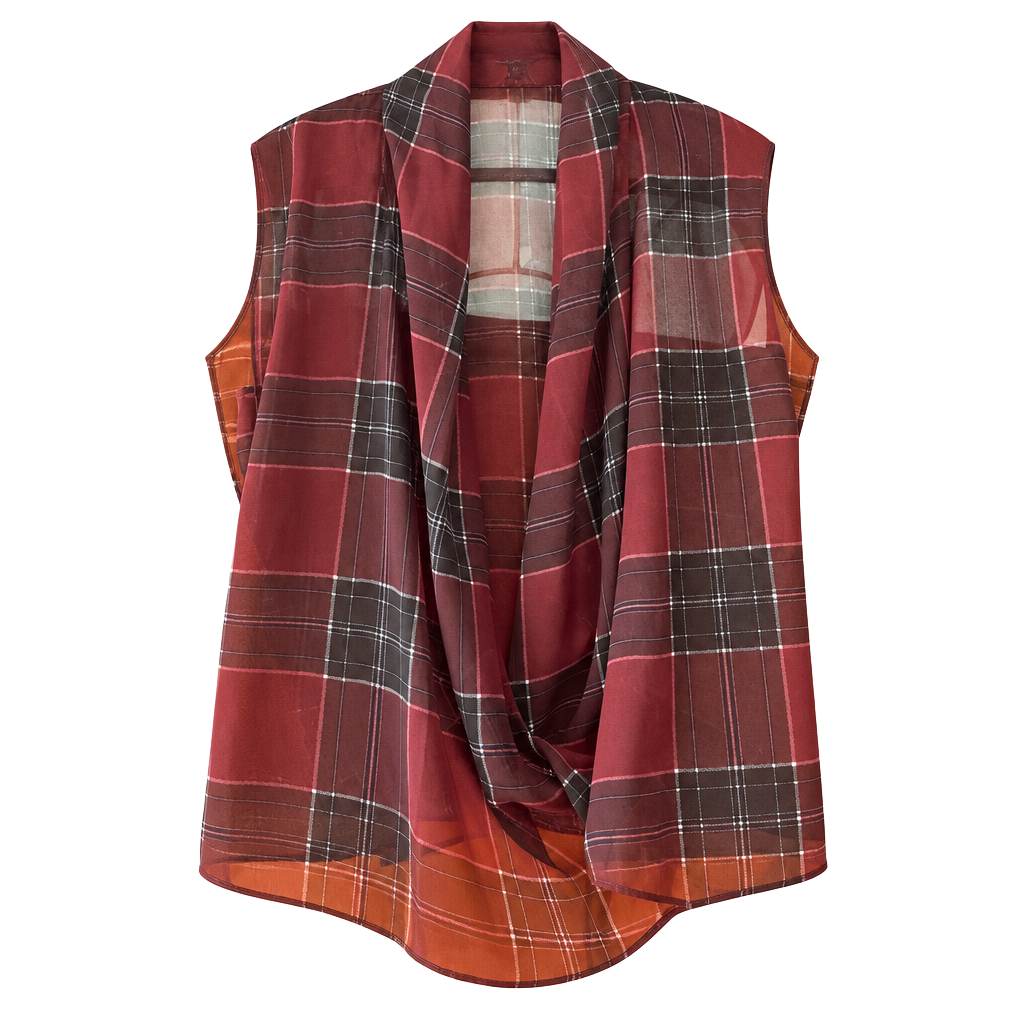 Jeans By Buffalo Plaid Cowl Neck Top Size M Red Black Sheer Sleeveless 1