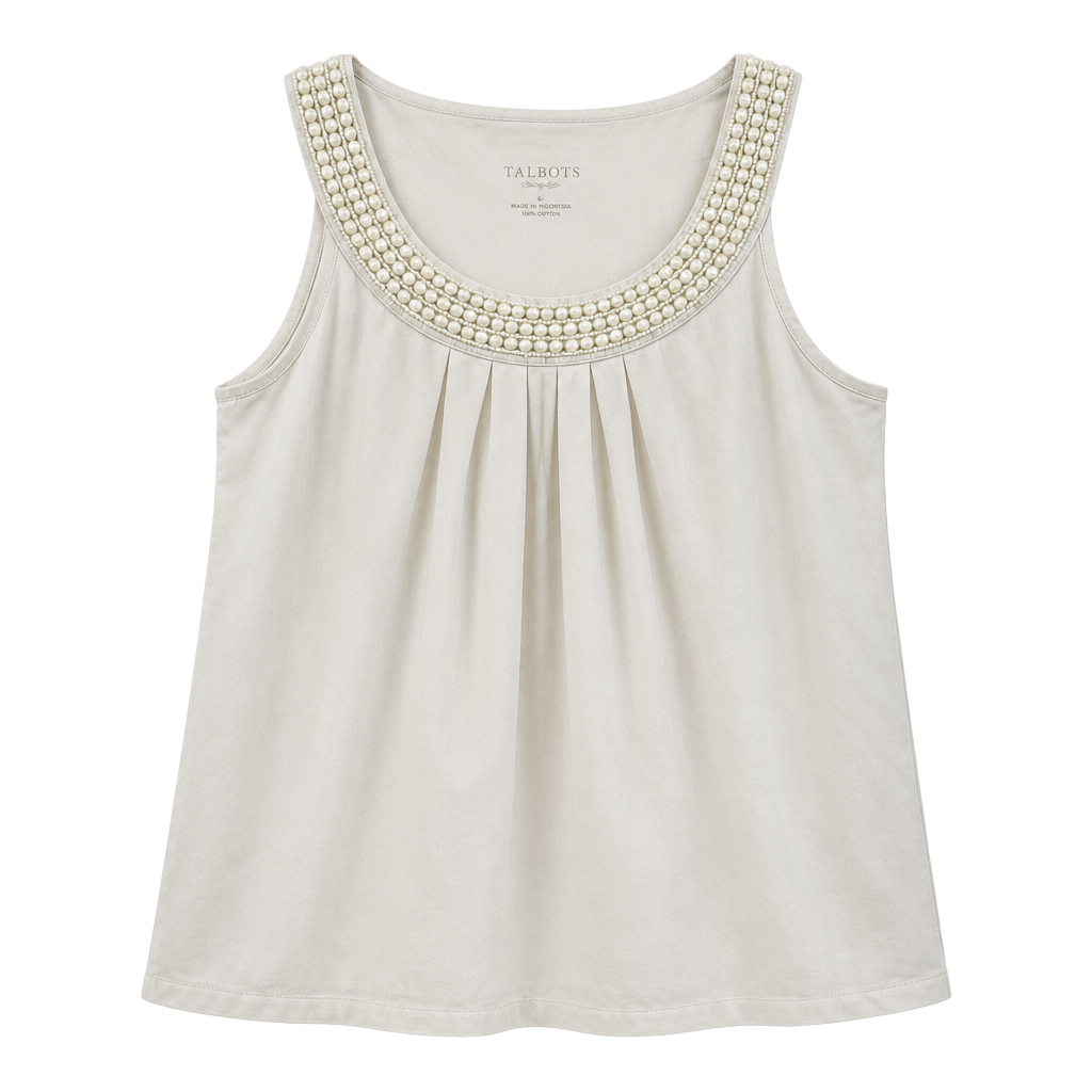 Talbots Beaded Neckline Tank Top Size L White Pleated Cotton Spandex 1