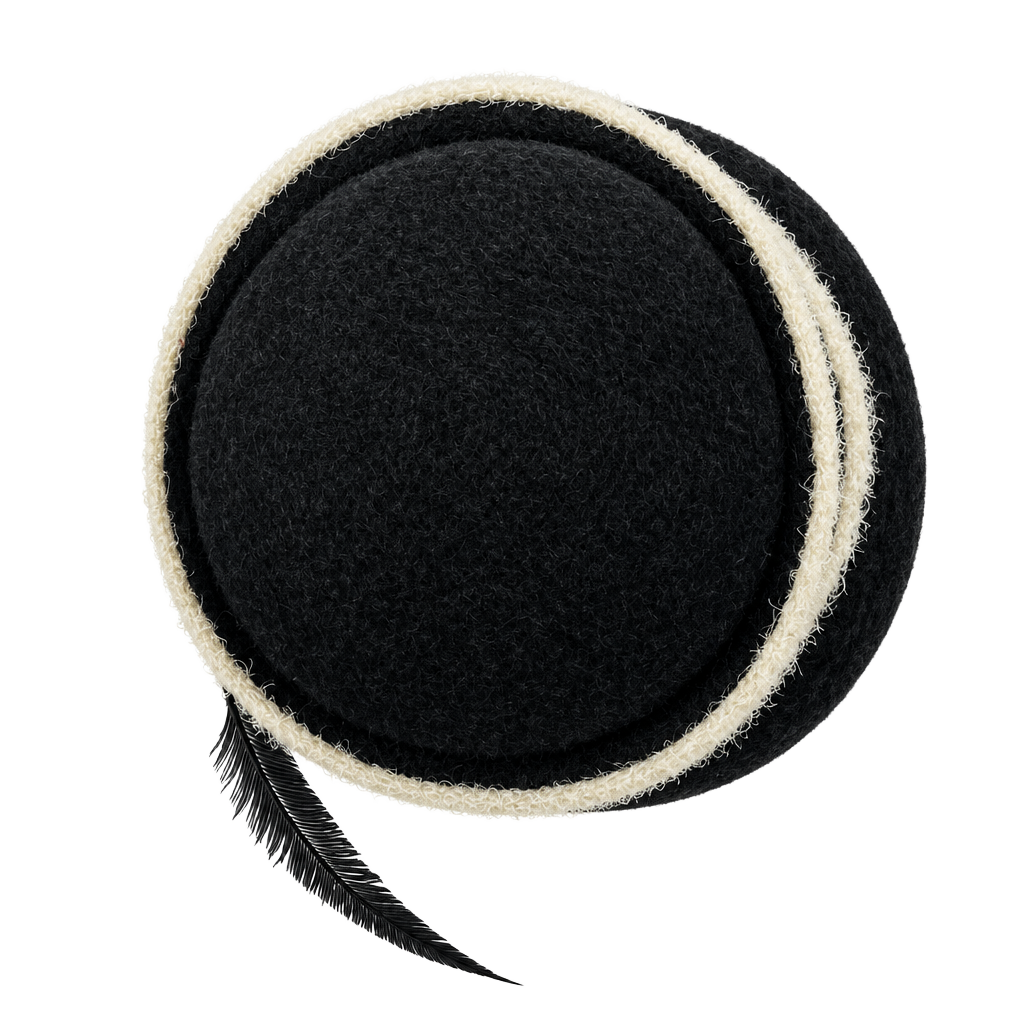 Vintage Black Felt Pillbox Hat with White Trim and Feather 1
