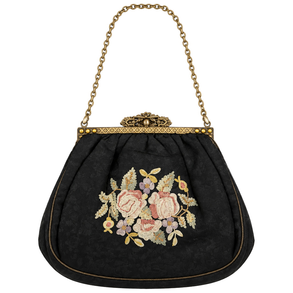 Vintage Antique Black Silk Embroidered Roses Evening Handbag 1