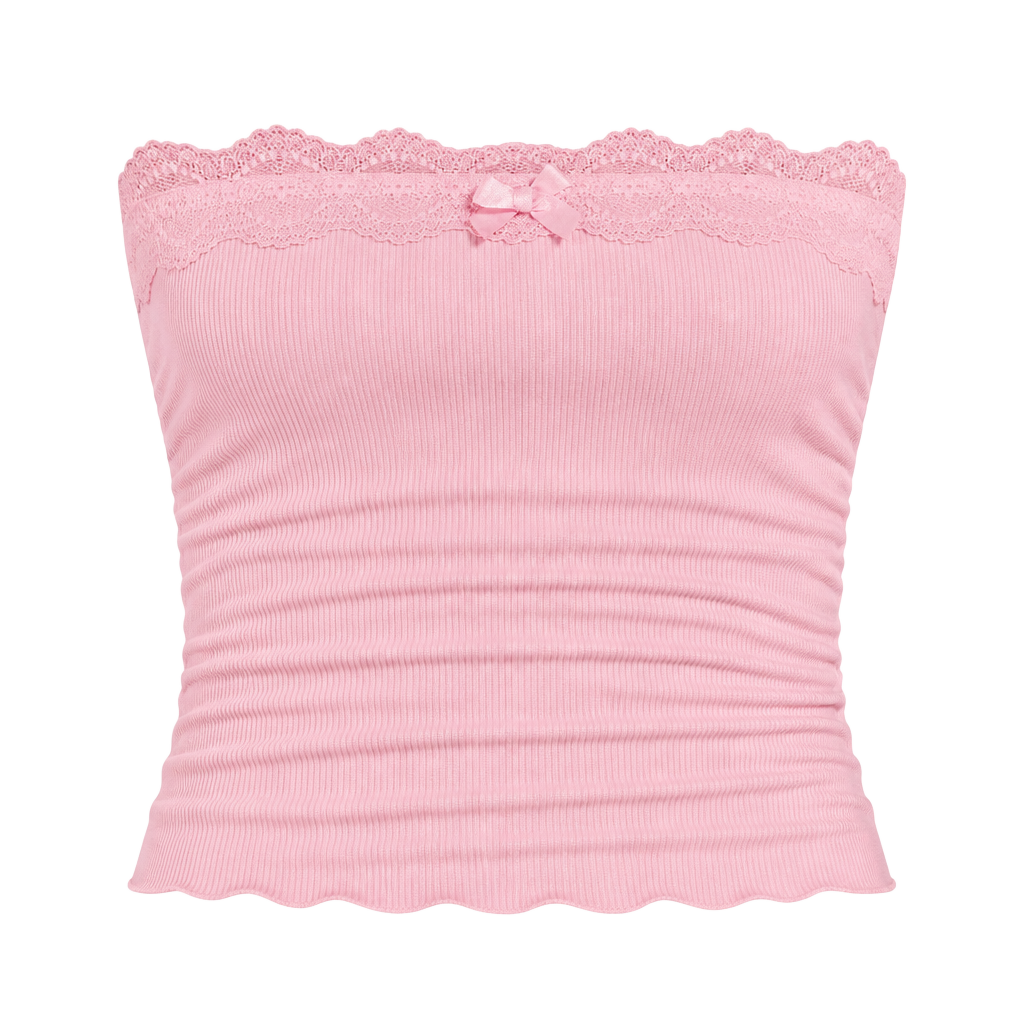 SHEIN Pink Ribbed Lace Trim Ruched Tube Top with Bow 1