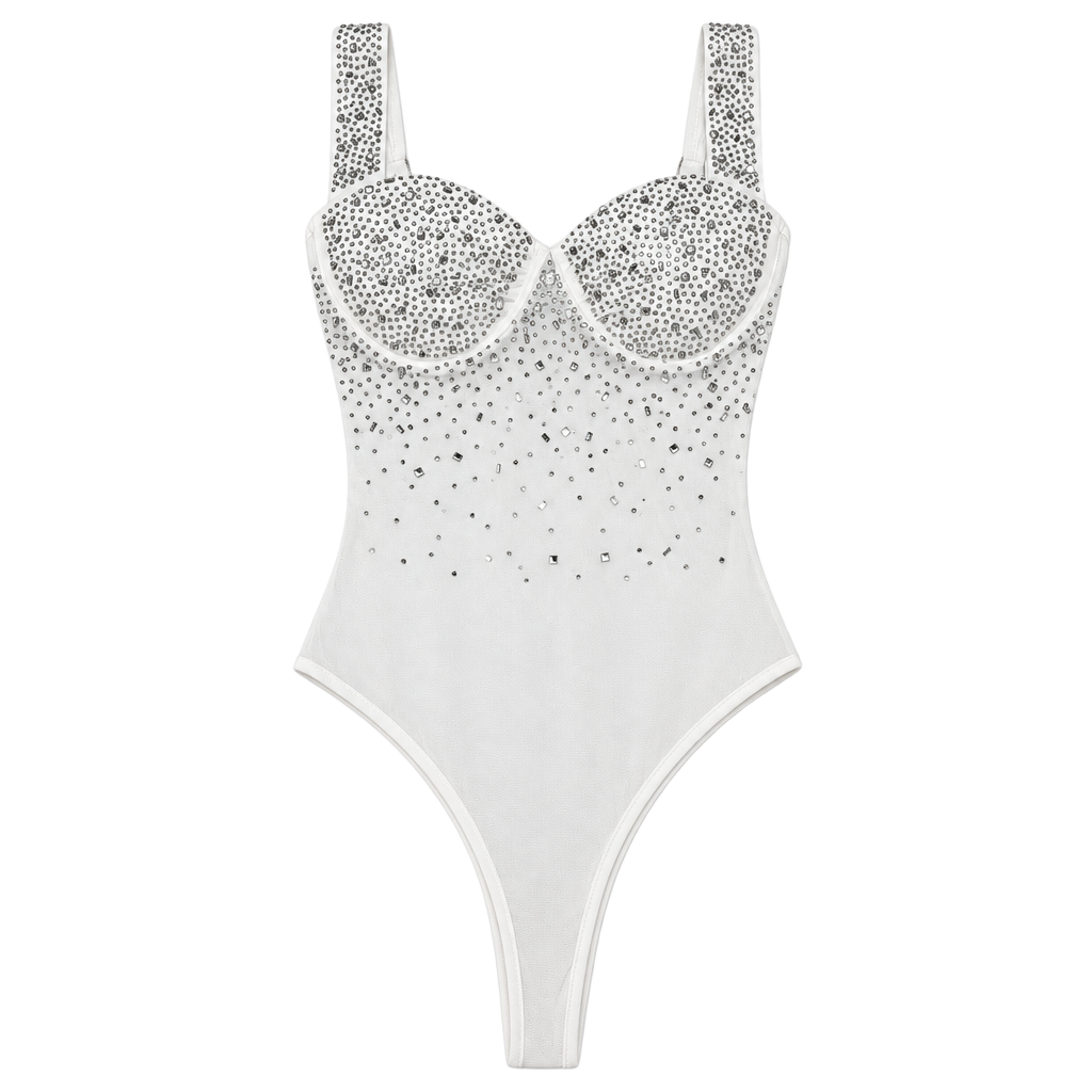 White Rhinestone Embellished Mesh Corset Bodysuit 1