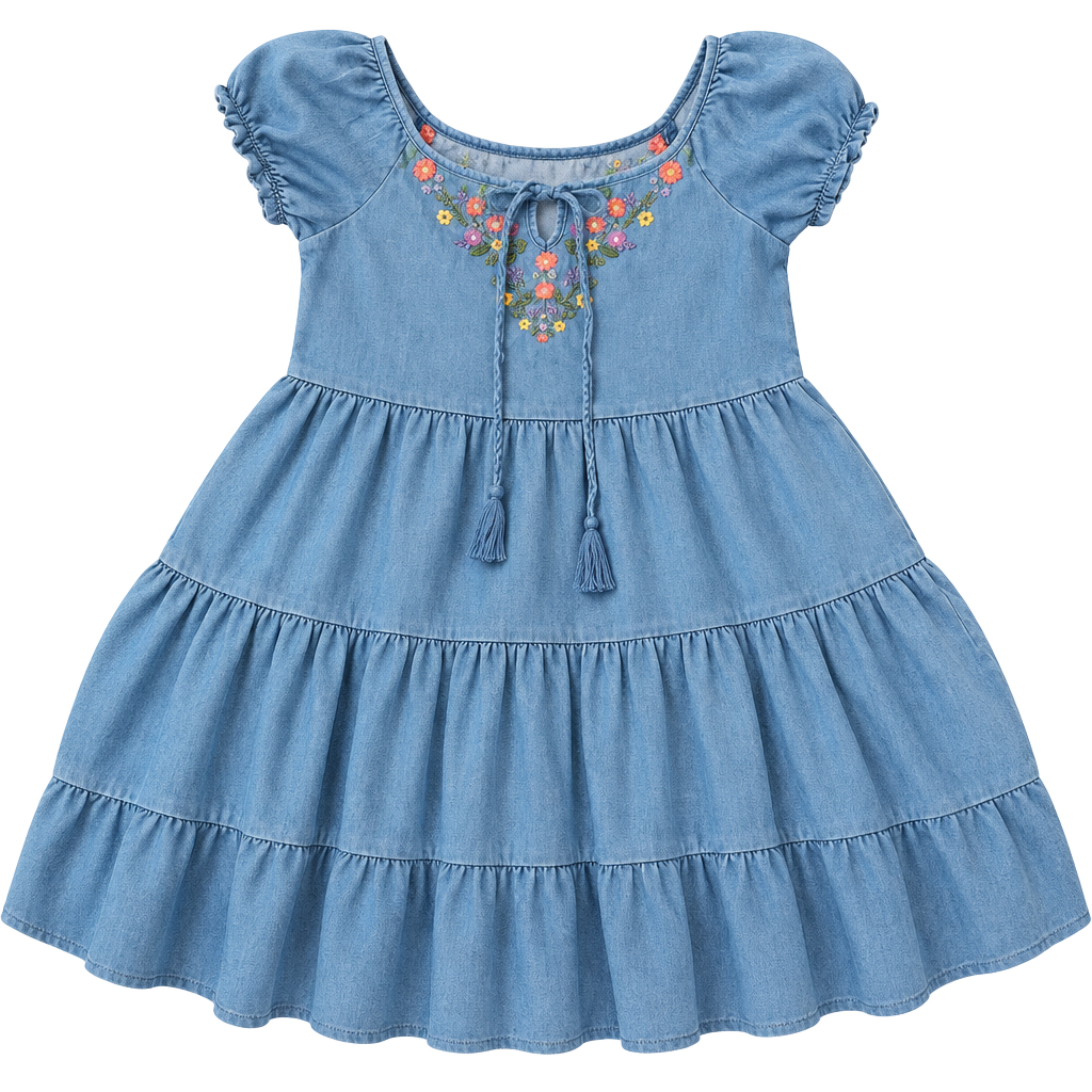 Billy T Petal Song Blue Denim Dress S Embroidered Floral Puff Sleeve BT8026D 1