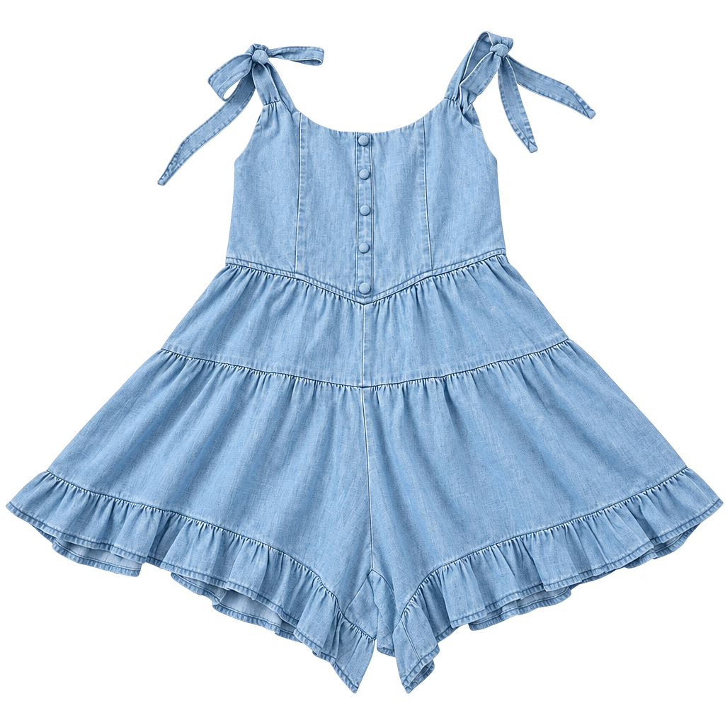 Billy T Women’s Blue Denim Flutter Smocked Romper S Regular Square Neck Button 1