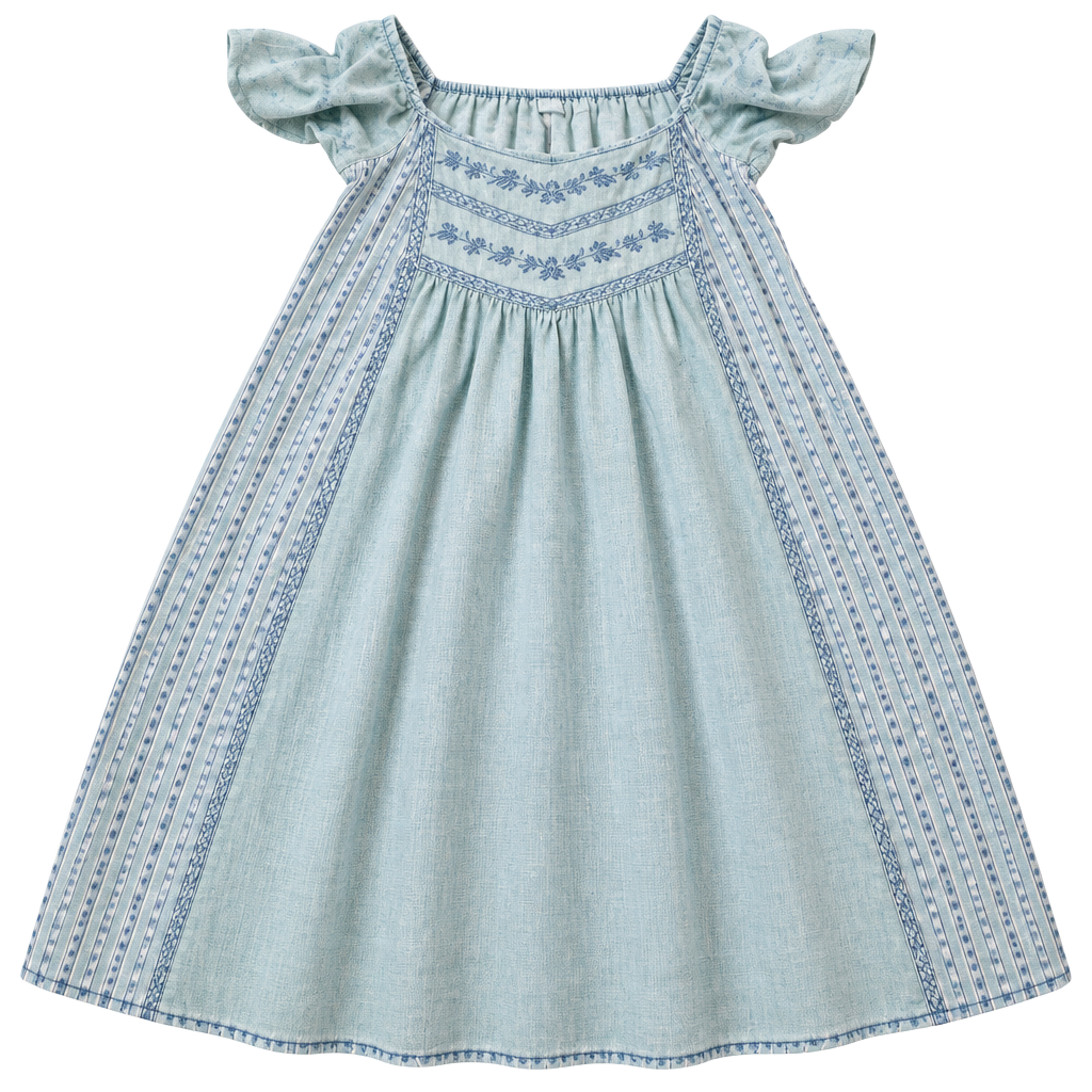 Billy T Women’s Blue Denim Shift Dress Short Embroidered Puff Sleeve S 1