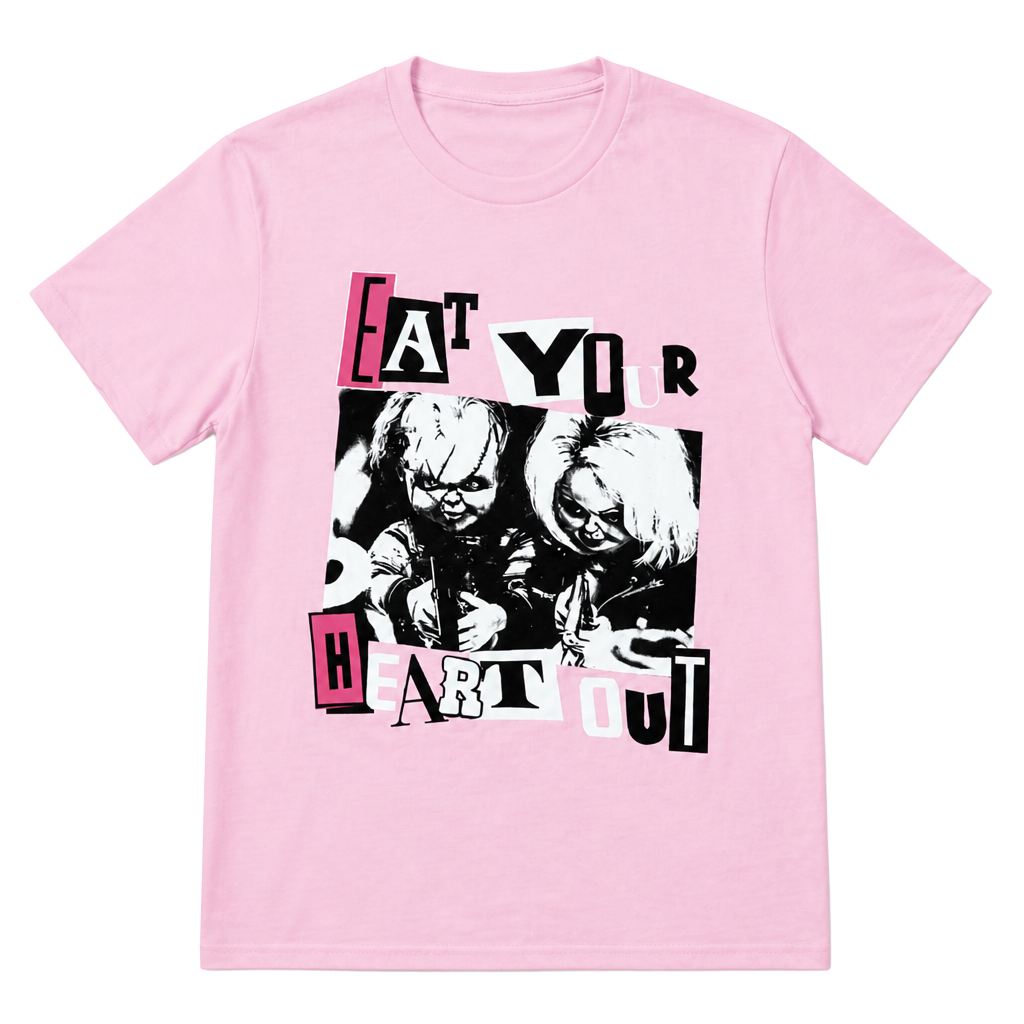 Bride of Chucky Eat Your Heart Out Pink Graphic T-Shirt Small 1