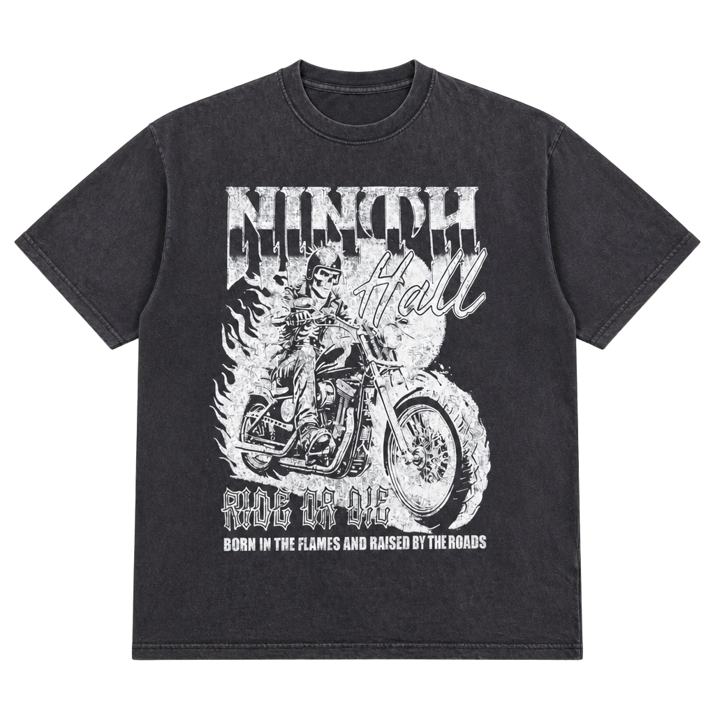 Ninth Hall Born In Flames Black Wash Biker Graphic T-Shirt 1