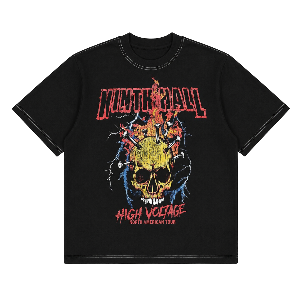Ninth Hall High Voltage North American Tour Skull Graphic Black Boxy T-Shirt 1